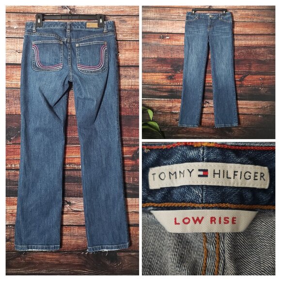 Tommy Hilfiger Y2K Jeans Size 8 Low Rise Straight Blue Denim Embroidered Pockets - Picture 1 of 9